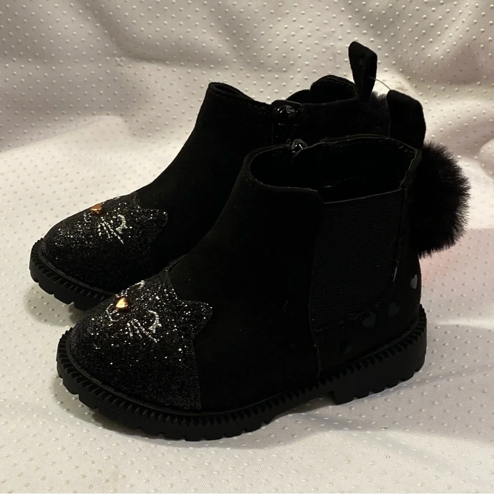 Wonder Nation Shoes Girls Size 5 Black‎ Side Zip New With Tags Cat Print
